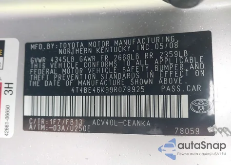 2009 Toyota Camry Le z USA, uszkodzony, nr VIN 4T4BE46K99R078925